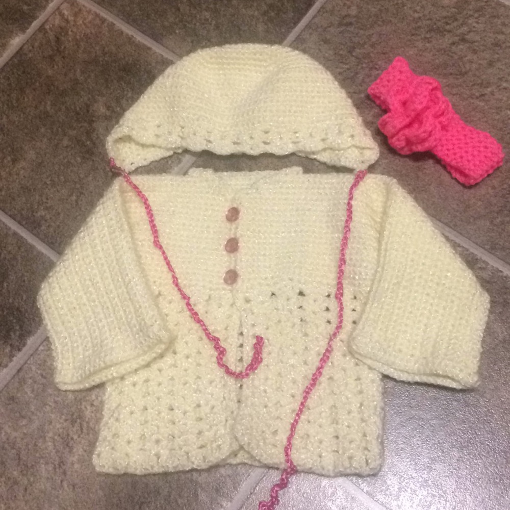 Hand made baby sweater hat and head band